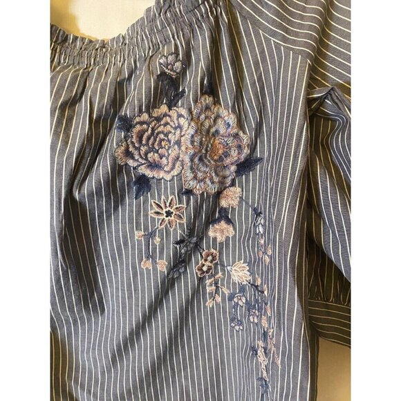 American Eagle Outfitters Striped Embroidered Floral Boho Top - Blue and Pink - Picture 6 of 13